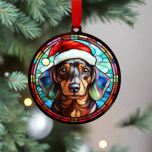 Dachshund Dapple in Santa Hat Suncatcher Decoration